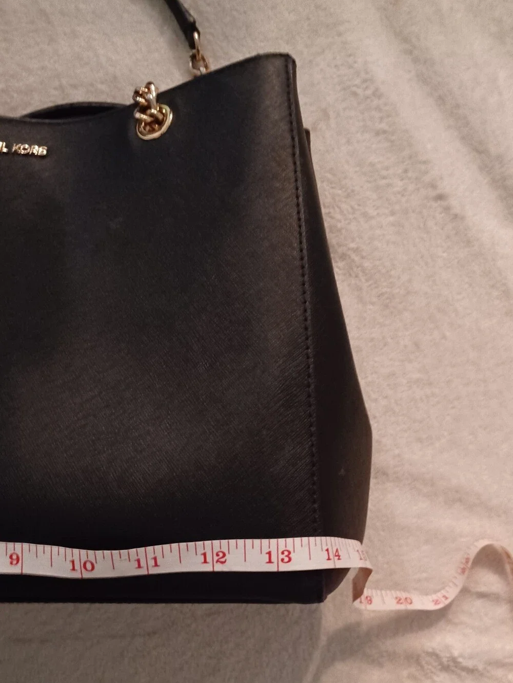 Michael Kors Large Black Tote Shoulder Bag Gold Chain Strap MK Charm Zip Snap